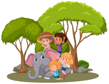 Children and happy elephant on white background illustrationのイラスト素材