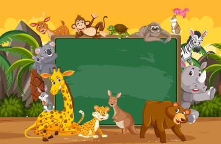 Empty blackboard with various wild animals in the forest illustrationのイラスト素材