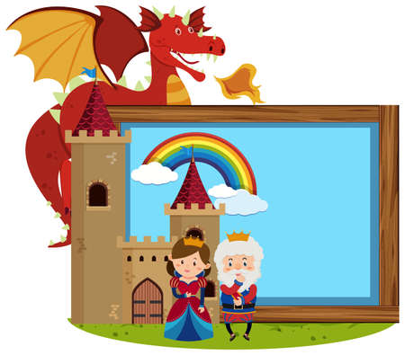 Dragon with king and queen at castle banner template illustrationのイラスト素材