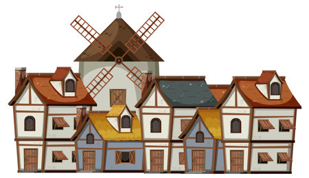 Ancient medieval village isolated on white background illustrationのイラスト素材