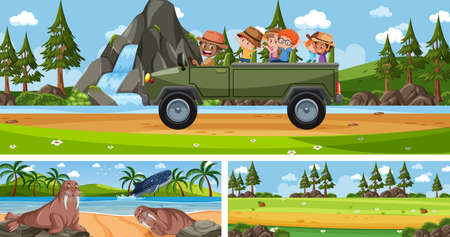 Set of different outdoor landscape scenes with cartoon character illustrationのイラスト素材