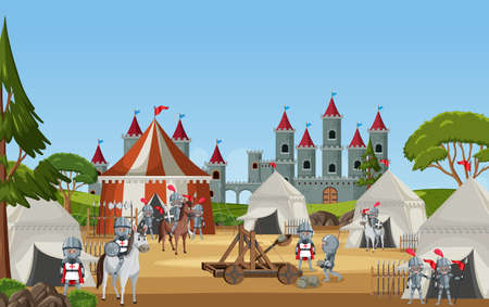 Military medieval camp with tents and weapons illustrationのイラスト素材