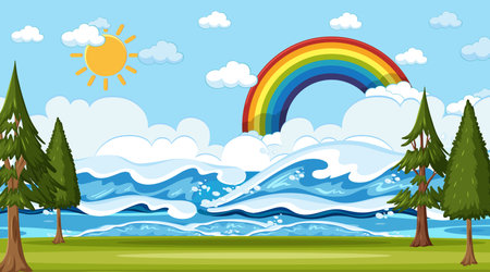 Beach landscape at day time scene with rainbow illustrationのイラスト素材