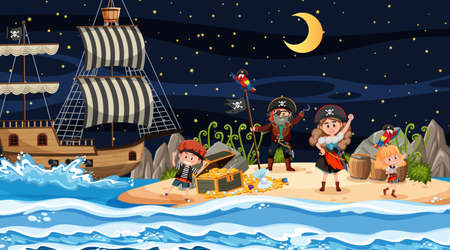 Treasure Island scene at night with Pirate kids illustrationのイラスト素材