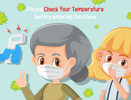 Please Check Your Temperature Before Entering This Place banner with cartoon character illustrationのイラスト素材