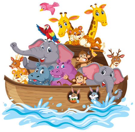 Animals on Noah's ark with sea wave isolated on white background illustrationのイラスト素材