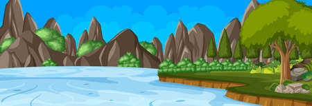 Panorama landscape scene with river flowing through in the forest illustrationのイラスト素材