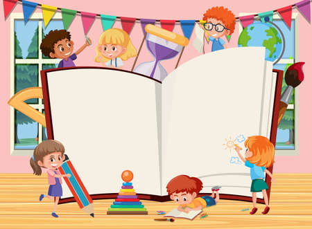 Empty opened book with school kids cartoon illustrationのイラスト素材