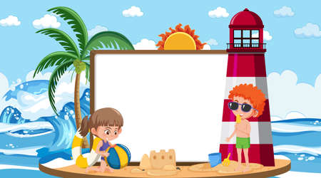 Empty banner template with kids on vacation at the beach daytime scene illustrationのイラスト素材
