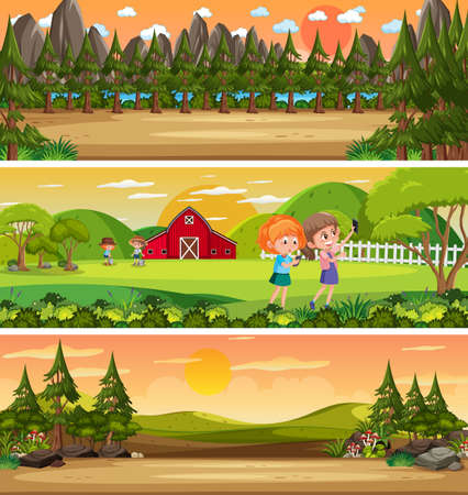 Different panoramic nature landscape set with cartoon character illustrationのイラスト素材