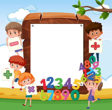 Empty wooden frame with school kids and math objects illustrationのイラスト素材