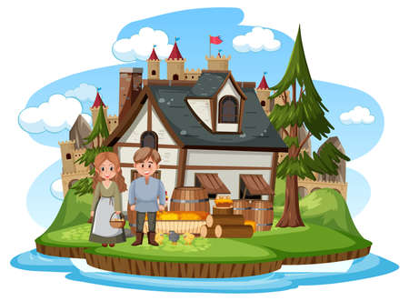 Medieval house with villagers illustrationのイラスト素材
