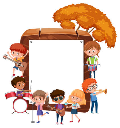 Empty wooden frame with kids playing different musical instruments illustrationのイラスト素材