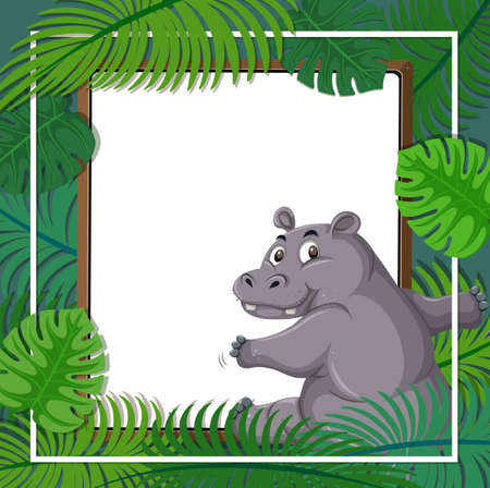Empty banner with tropical leaves frame and hippopotamus cartoon character illustrationのイラスト素材
