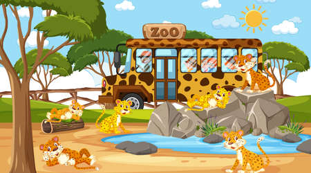 Safari at day time scene with many kids watching leopard group illustrationのイラスト素材