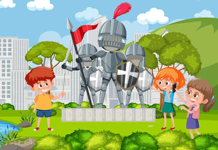 Kids at the park with knight statue illustrationのイラスト素材