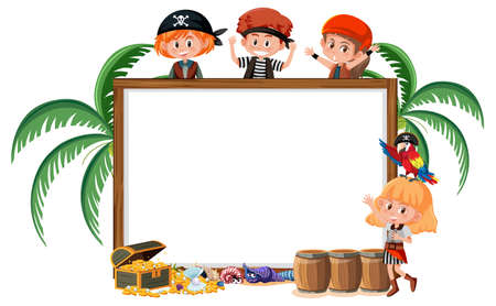Many pirate kids with blank banner template illustrationのイラスト素材
