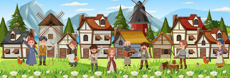 Medieval town scene with villagers illustrationのイラスト素材