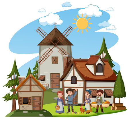 Medieval house with windmill and villagers illustrationのイラスト素材