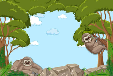 Empty sky with sloth in the forest scene illustrationのイラスト素材