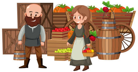 Medieval villagers at fruit store illustrationのイラスト素材