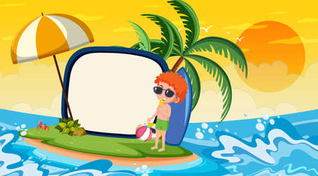 Empty banner template with kids on vacation at the beach sunset scene illustrationのイラスト素材