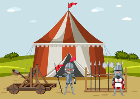 Military medieval camp with two warriors  illustrationのイラスト素材