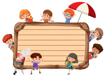 Empty wooden board with many children cartoon character illustrationのイラスト素材