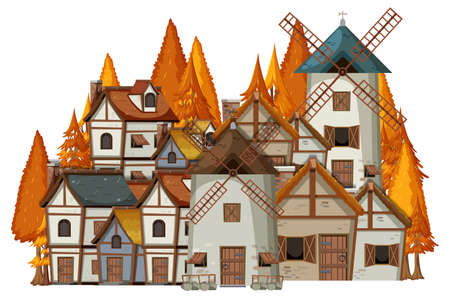 Ancient medieval village isolated on white background illustrationのイラスト素材