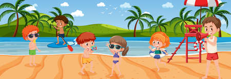 Outdoor horizontal scene with many kids playing at the beach illustrationのイラスト素材