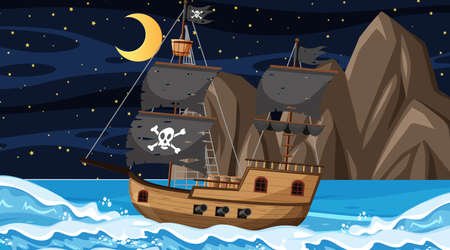 Ocean with Pirate ship at night scene in cartoon style illustrationのイラスト素材