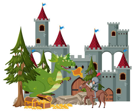 Knights fight with dragon at the castle illustrationのイラスト素材