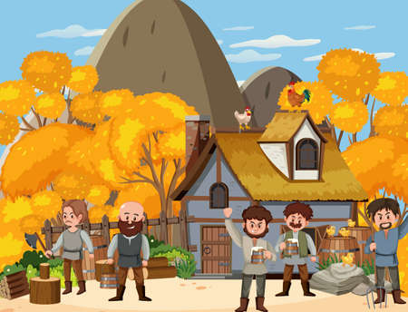 Medieval town scene with villagers illustrationのイラスト素材