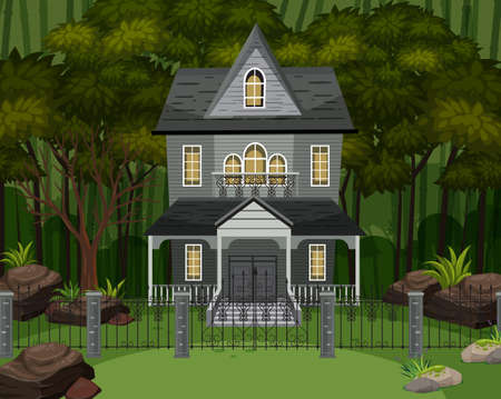 Scene with haunted halloween mansion illustrationのイラスト素材