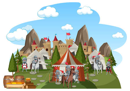 Military medieval camp on white background illustrationのイラスト素材