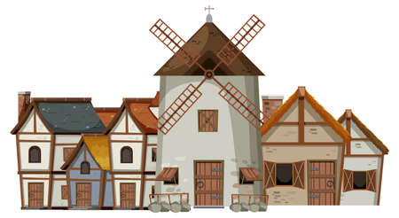 Ancient medieval village on white background illustrationのイラスト素材