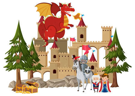 Knights fight with dragon at the castle illustrationのイラスト素材