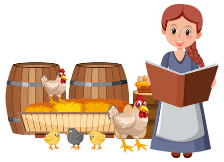 Medieval girl raising chickens illustrationのイラスト素材