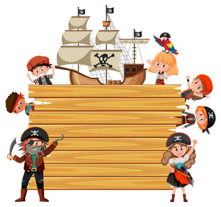 Empty wooden board with many pirate kids cartoon character illustrationのイラスト素材