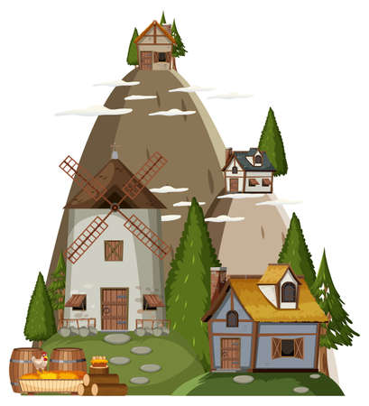 Ancient medieval village isolated on white background illustrationのイラスト素材