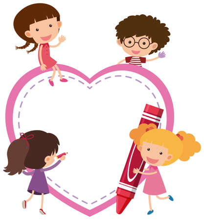Empty banner heart shape with many kids cartoon style isolated illustrationのイラスト素材