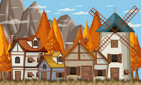 Medieval village scene with windmill and houses illustrationのイラスト素材