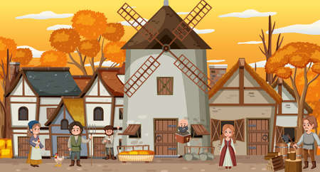 Medieval town at sunset time scene with villagers illustrationのイラスト素材