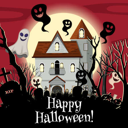 Happy Halloween with Haunted Mansion illustrationのイラスト素材