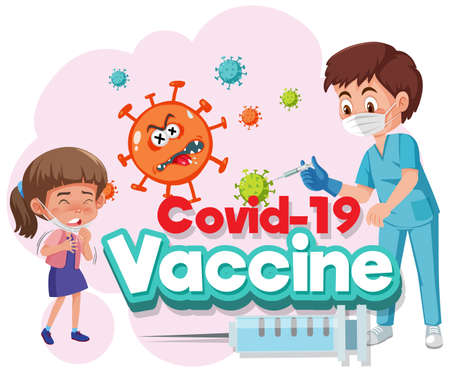 Doctor and kid patient cartoon character with Covid-19 vaccine font illustrationのイラスト素材