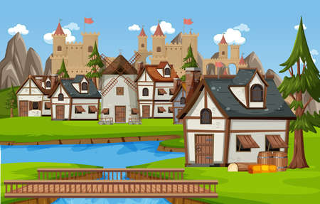 Medieval village scene with castle background illustrationのイラスト素材
