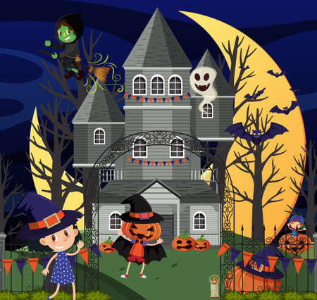 Haunted halloween mansion at night illustrationのイラスト素材
