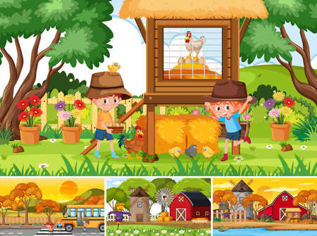 Four different scenes with children cartoon character illustrationのイラスト素材