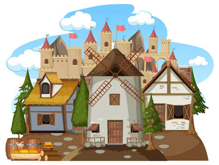 Ancient medieval village isolated on white background illustrationのイラスト素材