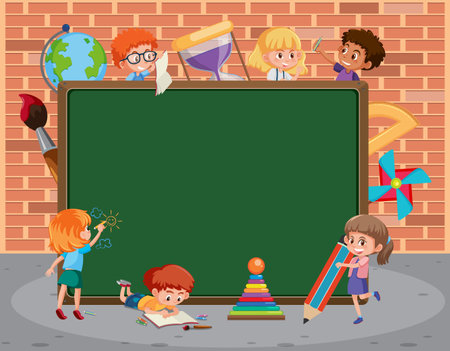 Empty blackboard with many school kids cartoon character illustrationのイラスト素材